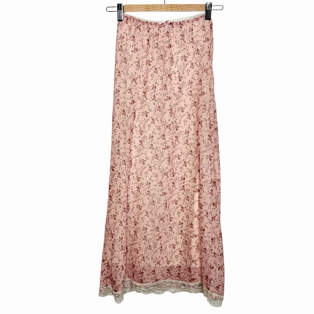 Pink Floral Lace Trim Midi Slip Skirt Womens XS Y2K Fairy Coquette Cottagecore